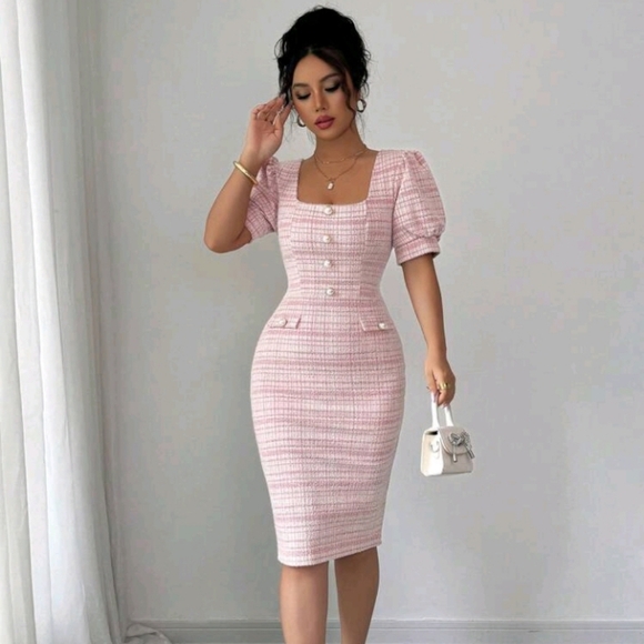 Dresses & Skirts - Women's Elegant Romantic Puff Sleeve Boat Neck Waisted Form-Fitting Mini Dress